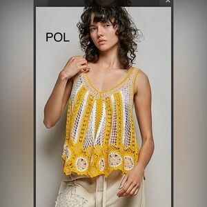 BP225-1⭐️NEW! POL Pretty gold Crochet Tank Top w/white accents. A-line flattery!